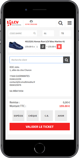 Caisse|Créez des tickets en temps réel avec vos clients depuis l'application|Il ne reste plus qu'à l'imprimer pour valider l'achat